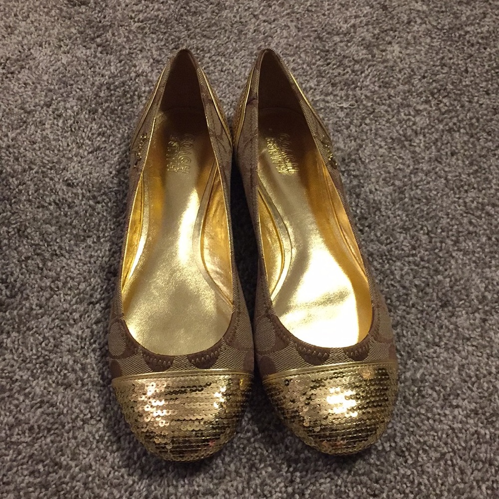 Gold sequin coach flats